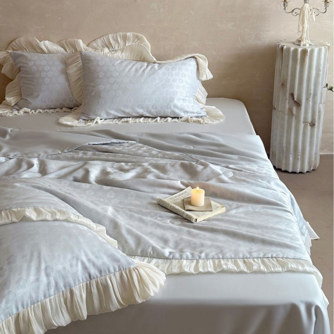 Satin comforter set with pleated ruffles and fine jacquard floral texture