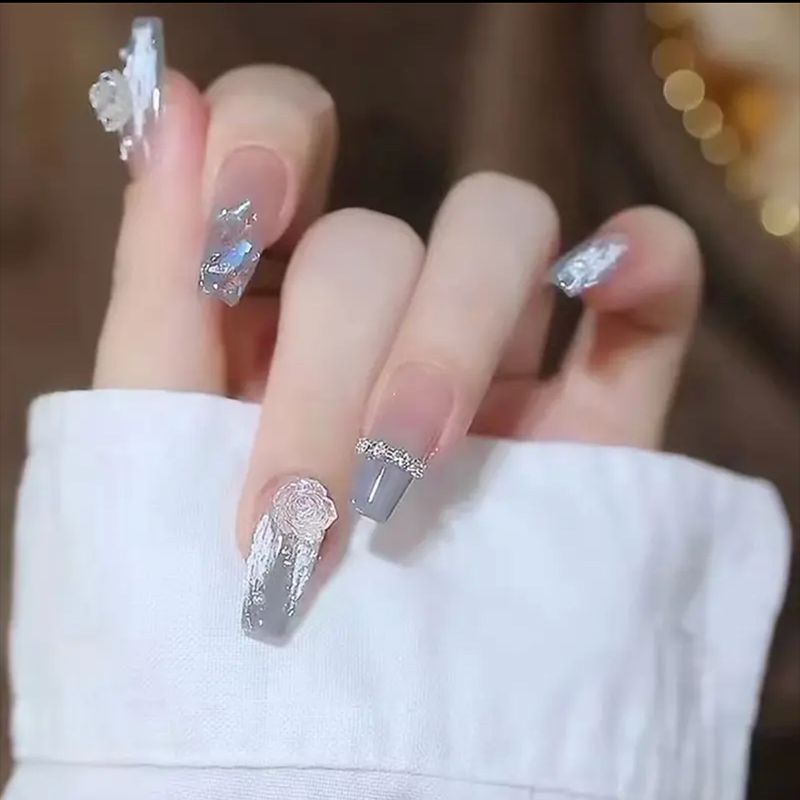 Artistic Press-On Nail Extensions with 3D Floral Accents Kalsten