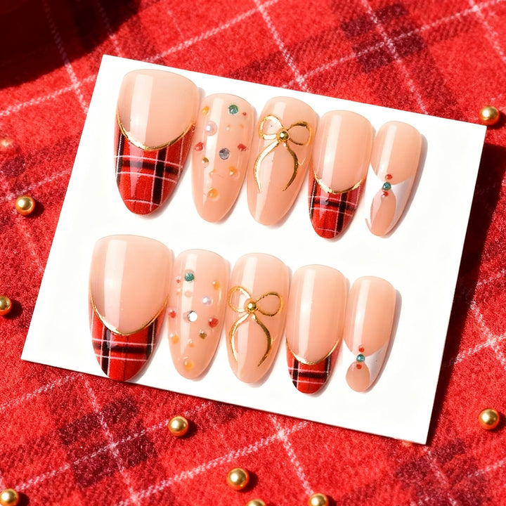 Festive Themed Press-On Nail Art Set with Plaid Design and Gem Accents Kalsten