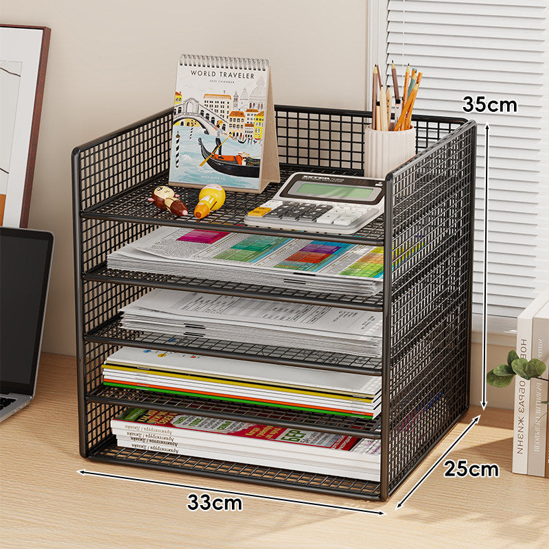 Multi-Tier Metal Mesh Desktop Document and Office Supply Organizer with Pull-Out Trays
