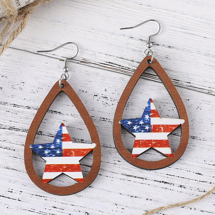 Women's nan patriotic teardrop wooden dangle earrings with star stripe cutout Kalsten