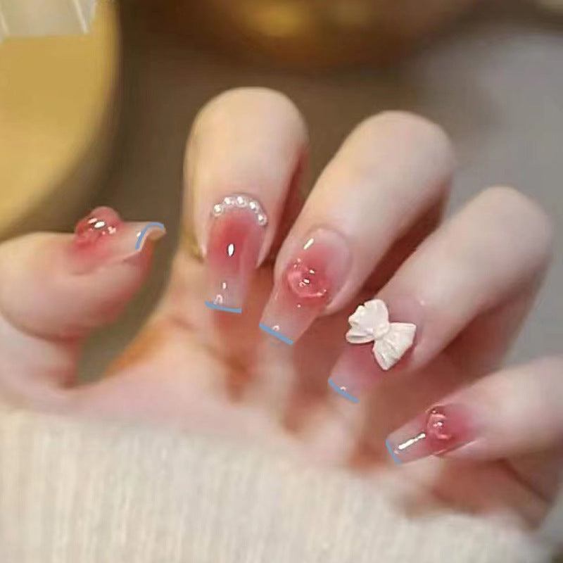 Decorative Press-On Nail Set with Bow and Pearls Kalsten