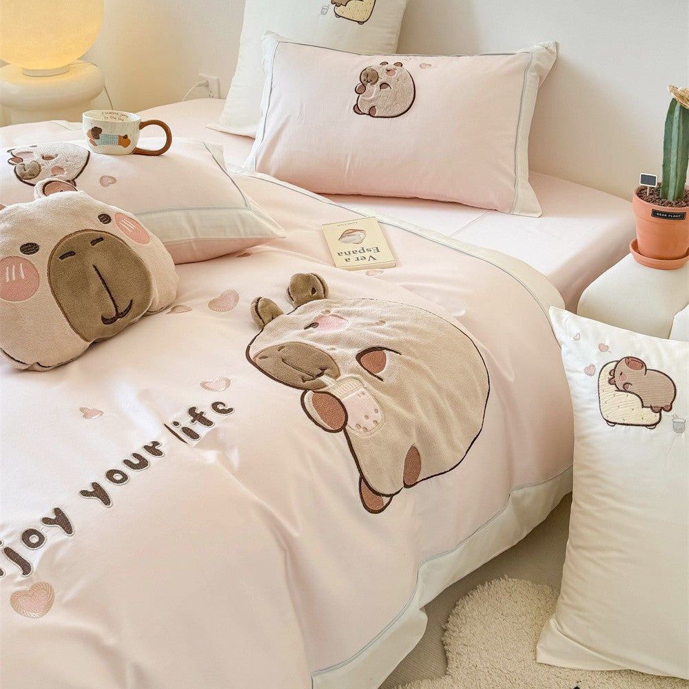 Kawaii bedding set with appliquéd plush bears and breathable cotton satin