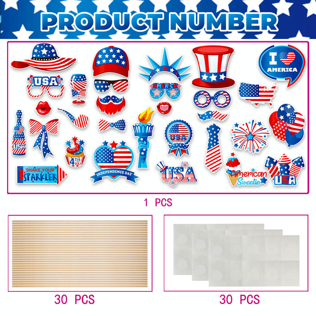 Unisex photo props set with self-adhesive USA-themed stickers, wooden sticks, and adhesive pads Kalsten