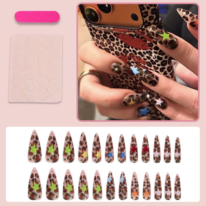 Acrylic nail set with animal pattern and colorful star accents Kalsten