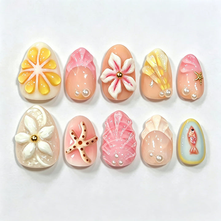 Seaside-Themed Press-On Nail Art Set
