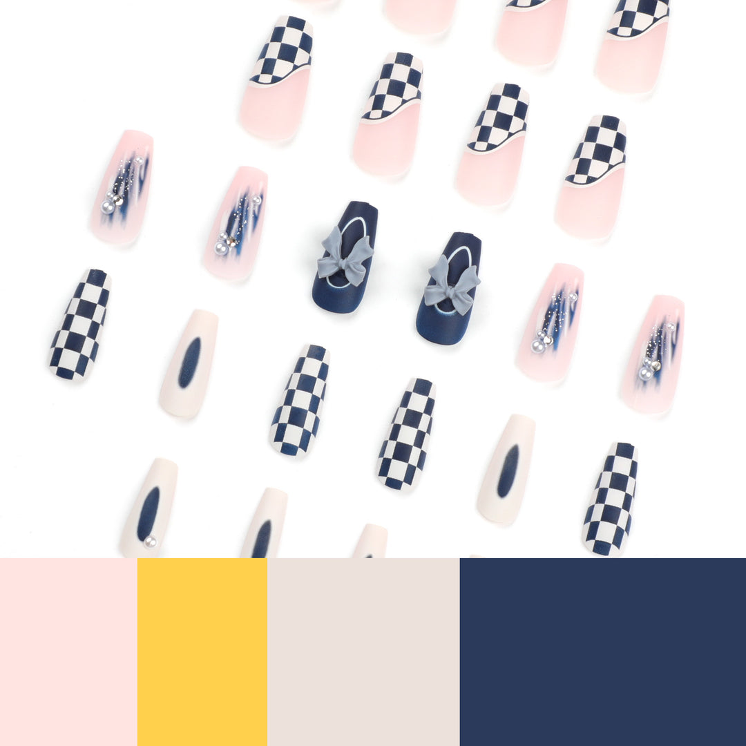 Artful nail decoration with bows and plaid pattern Kalsten