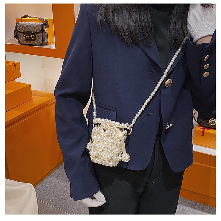 Pearl-Adorned Drawstring Evening Handbag