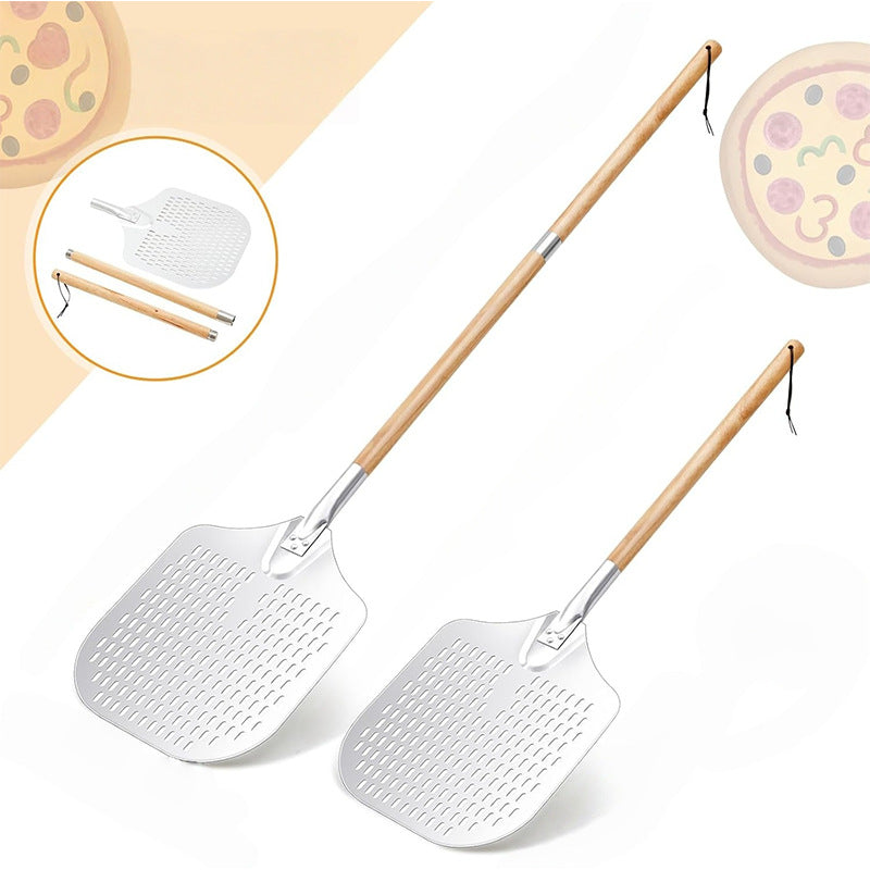 long-handled perforated pizza peel set with wooden handle stainless steel cutter and triangle server Kalsten