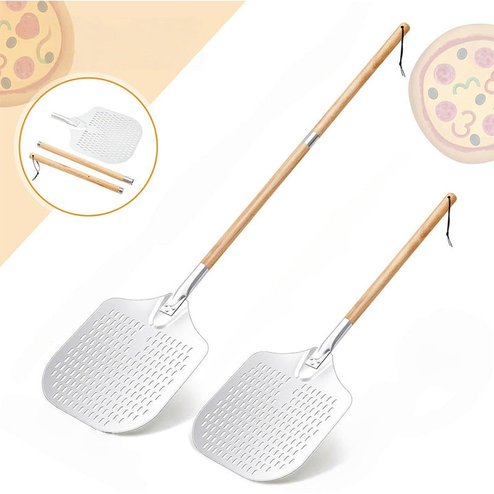 long-handled perforated pizza peel set with wooden handle stainless steel cutter and triangle server Kalsten