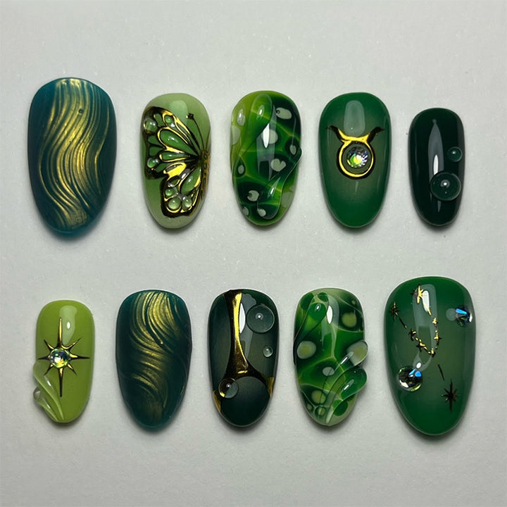 Artistic Press-On Nail Art Set with Emerald and Gold Designs kalsten