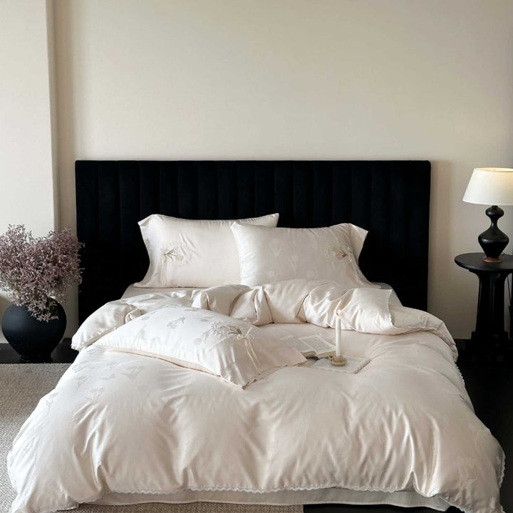 Elegant satin bedding set with floral jacquard embroidery and lace trim