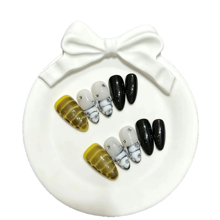 Artistic Press-On Nail Set with Decorative Gem Accents