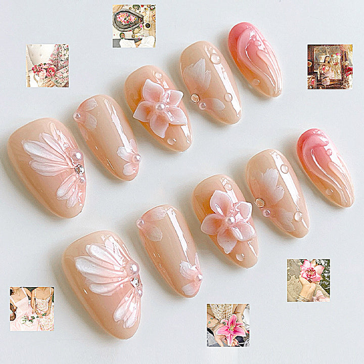 Artificial nail set with floral motifs and rhinestone decorations Kalsten