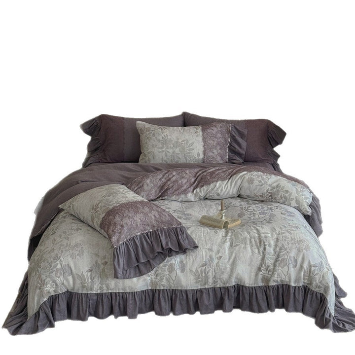 Bedding set with jacquard panels, ruffled bed skirt and reversible pillow
