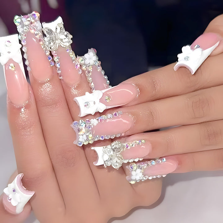 Decorative Long Press-On Nails with Floral and Rhinestone Accents Kalsten