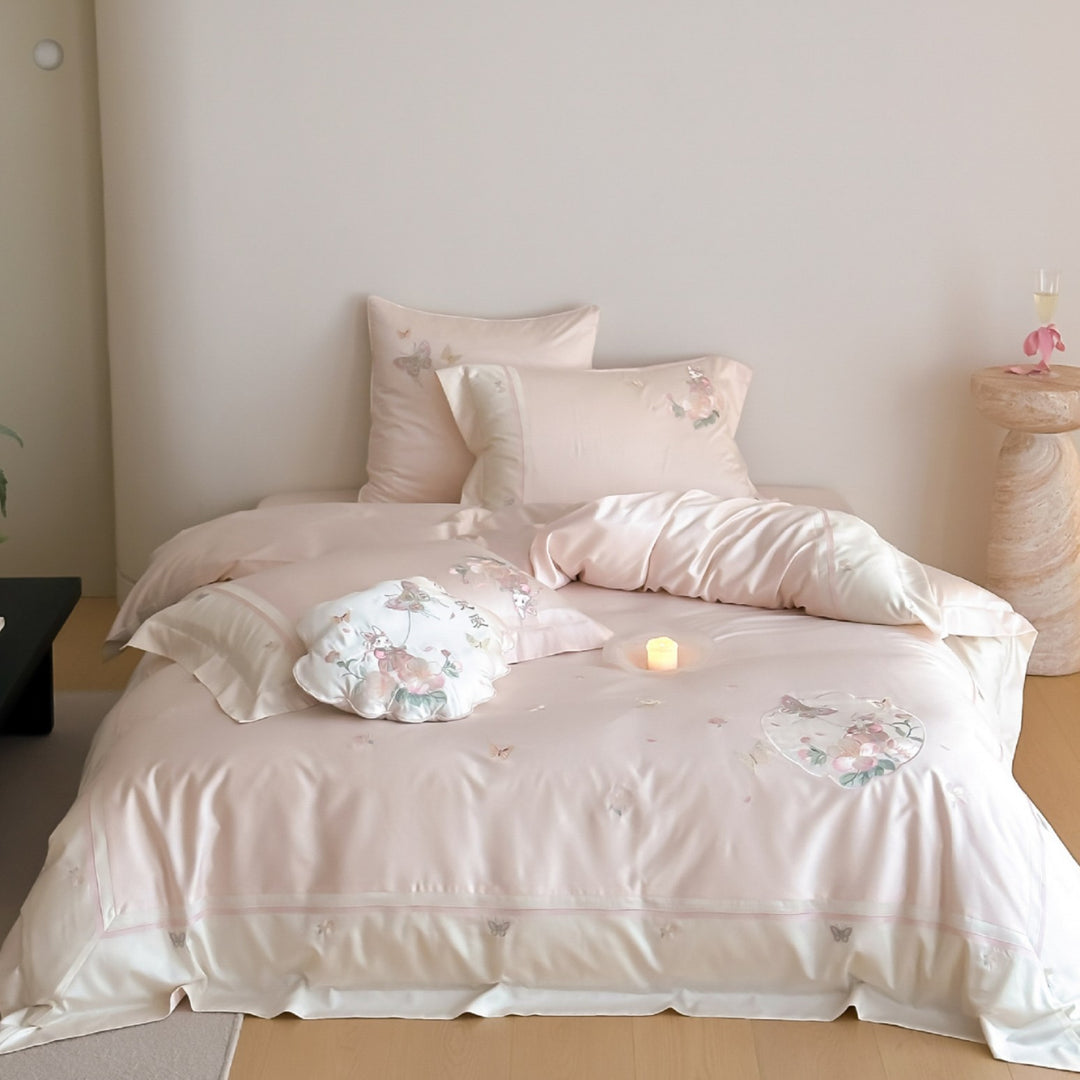 Satin bedding set with delicate butterfly and flower embroidery