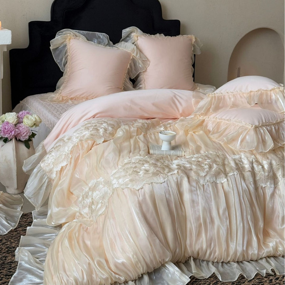 Luxurious satin bedding set with frills and lace trim