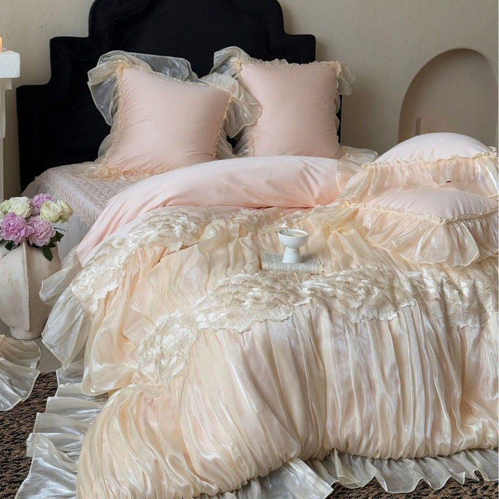Luxurious satin bedding set with frills and lace trim