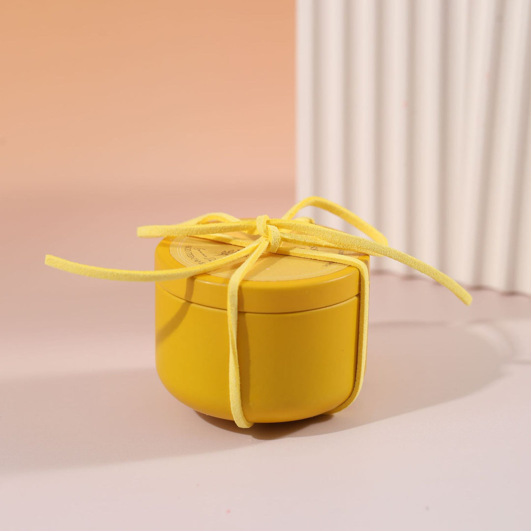 Scented Soy Candle Tin with Removable Lid and Decorative Suede Tie