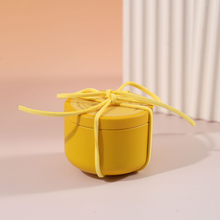 Scented Soy Candle Tin with Removable Lid and Decorative Suede Tie