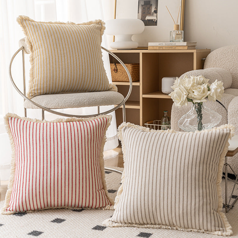 Square Striped Canvas Throw Pillow with Natural Fringe Trim