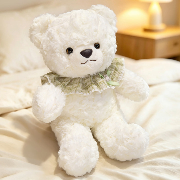 Curly-Fur Teddy Bear with Ruffled Plaid Collar and Embroidered Nose Kalsten