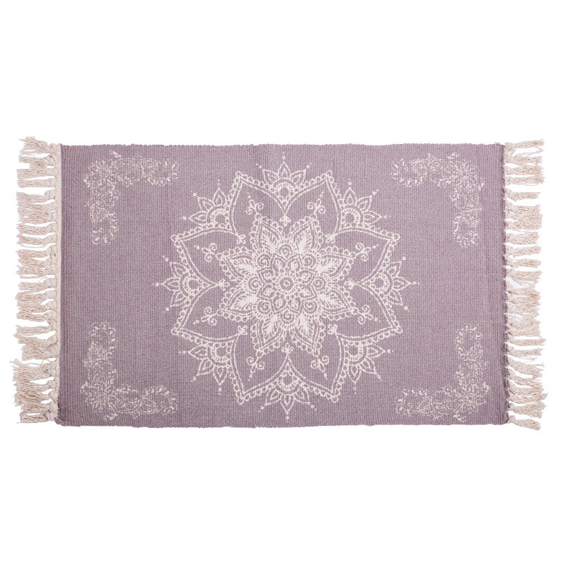 Handwoven cotton table runner with mandala jacquard and decorative fringes