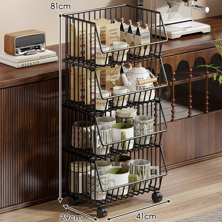Four-Tier Tall Rolling Wire Pantry and Mug Storage Cart with Deep Slanted Baskets