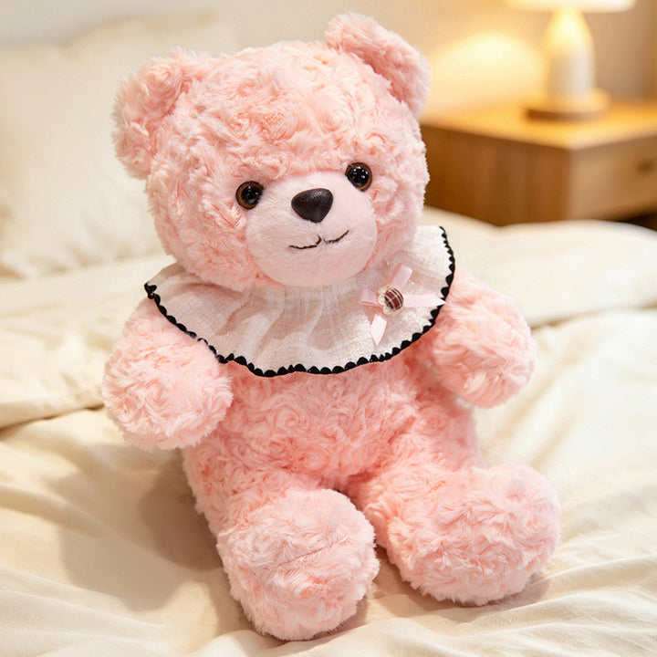 Curly-Fur Teddy Bear with Ruffled Plaid Collar and Embroidered Nose Kalsten