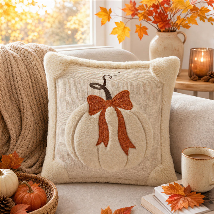 Autumn Pumpkin Chenille Tufted Square Throw Pillow Cover with Plush Raised Motif