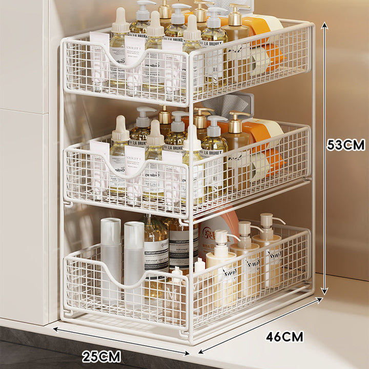 Three-Tier Sliding Mesh Drawer Cabinet Organizer for Kitchen and Bathroom