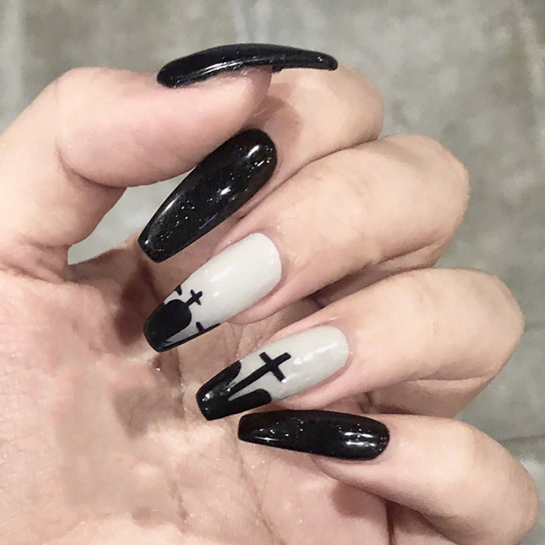 Artistic Stiletto Nail Art Set with Gothic Cross Design Kalsten