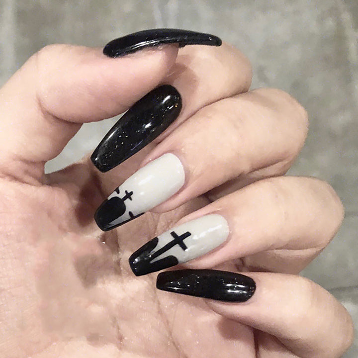 Artistic Stiletto Nail Art Set with Gothic Cross Design Kalsten