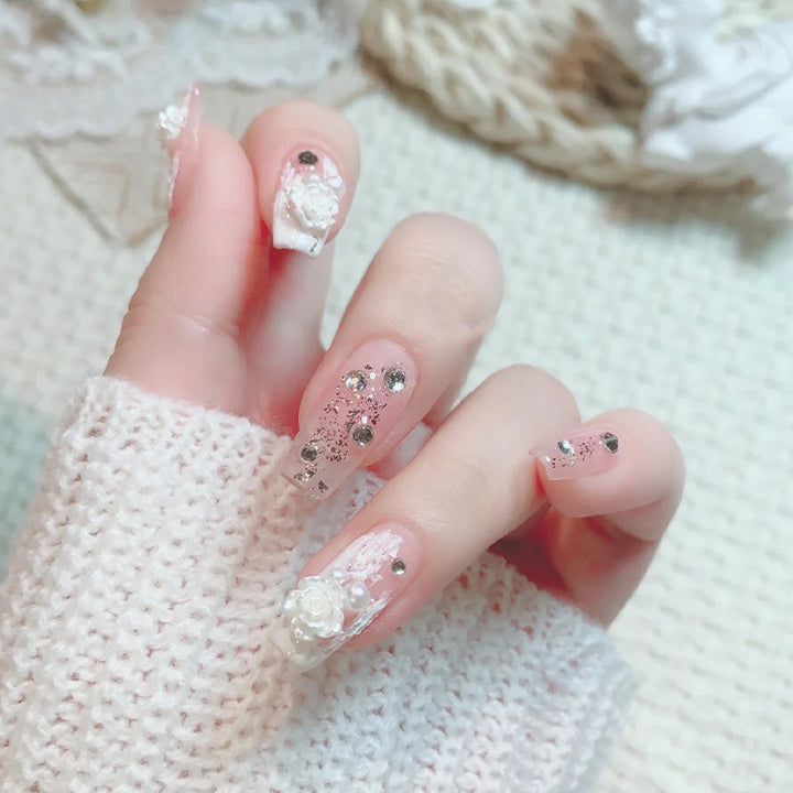 Acrylic nail set with elegant 3D flower and glitter decorations Kalsten