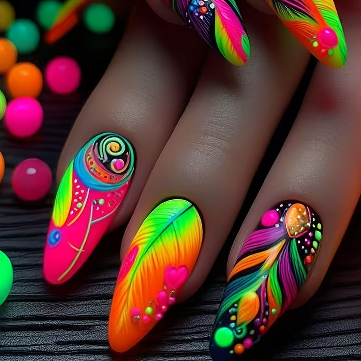 Artistic Neon Feather Nail Art Kalsten