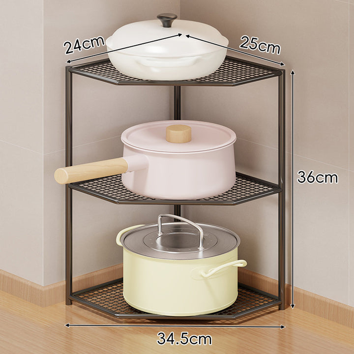 Corner Three-Tier Hexagonal Metal Mesh Kitchen Pot and Pan Organizer Rack
