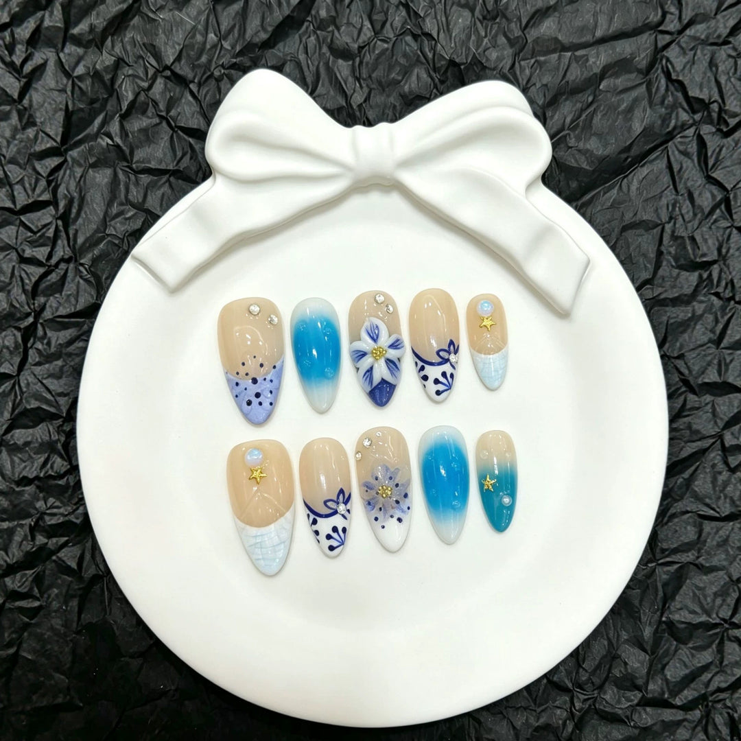 Artistic Press-On Nail Art Set with Floral and Gem Accents
