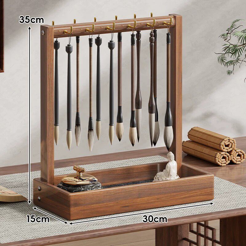 Desktop Wooden Calligraphy Brush Stand with Sand Tray and Hanging Hooks