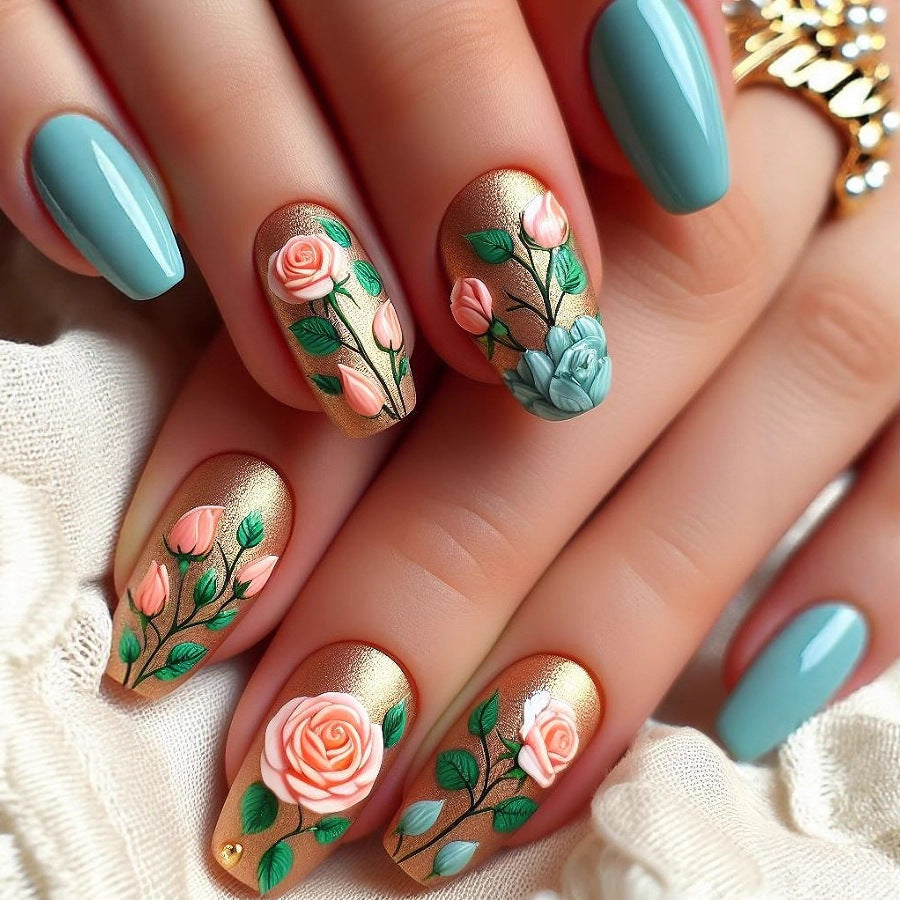 Acrylic nails with romantic floral patterns Kalsten