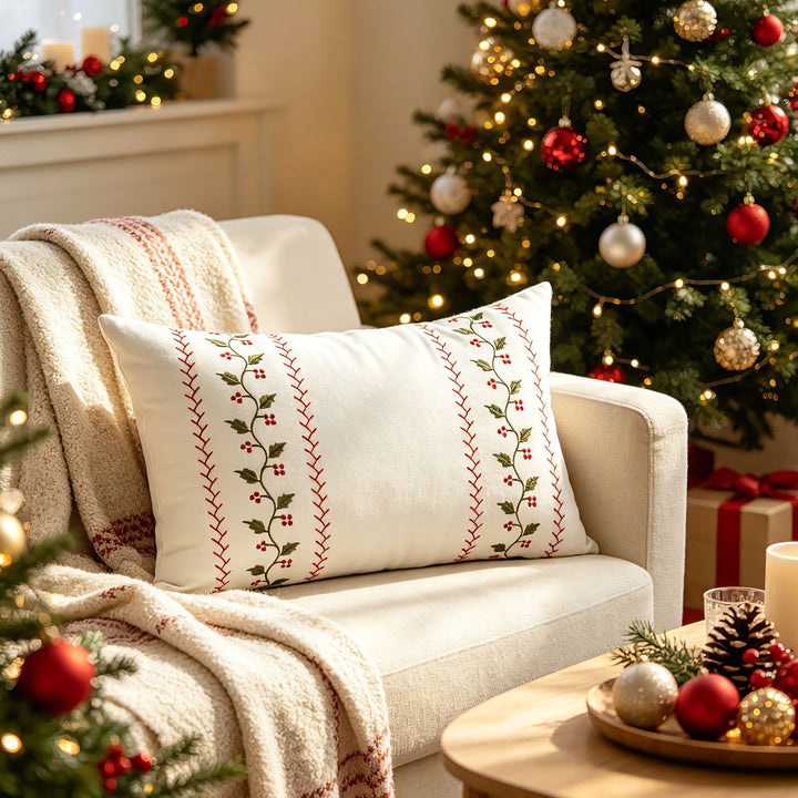 Embroidered Holiday Lumbar Throw Pillow Cover with NOEL Holly Motif