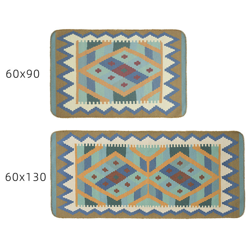 Flat kilim runner rug with geometric ethnic pattern