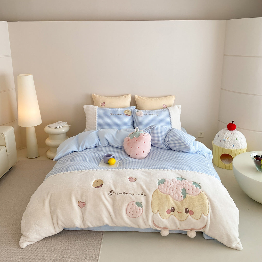 Children's bedding set with embroidered strawberry appliqué, cuddly reversible cover and Vichy check