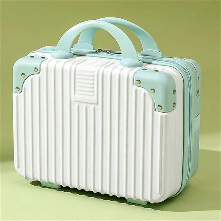 structured hard-shell vanity travel case with faux-leather corner reinforcements and dual top handles Kalsten