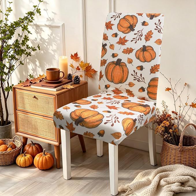 Stretch chair cover with autumn pumpkin and leaf motif