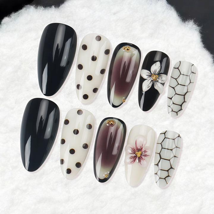 Artistic Stiletto Press-On Nail Set with Polka Dot and Floral Designs Kalsten