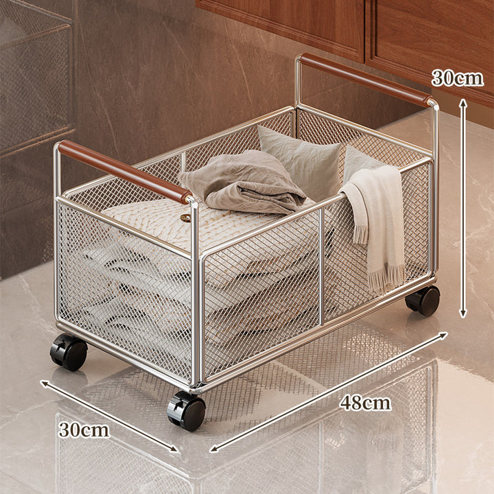 Low-Profile Metal Mesh Storage Crate with Dual Wood-Accent Handles for Blankets and Towels