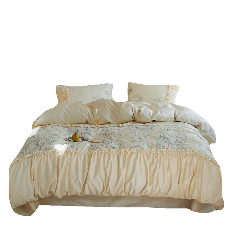 Romantic bed spread with ruffle, floral print and decorative pillow set