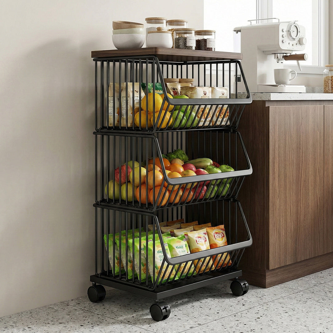 Vertical Five-Tier Rolling Kitchen Produce Storage Cart with Wooden Top and Pull-Out Wire Baskets