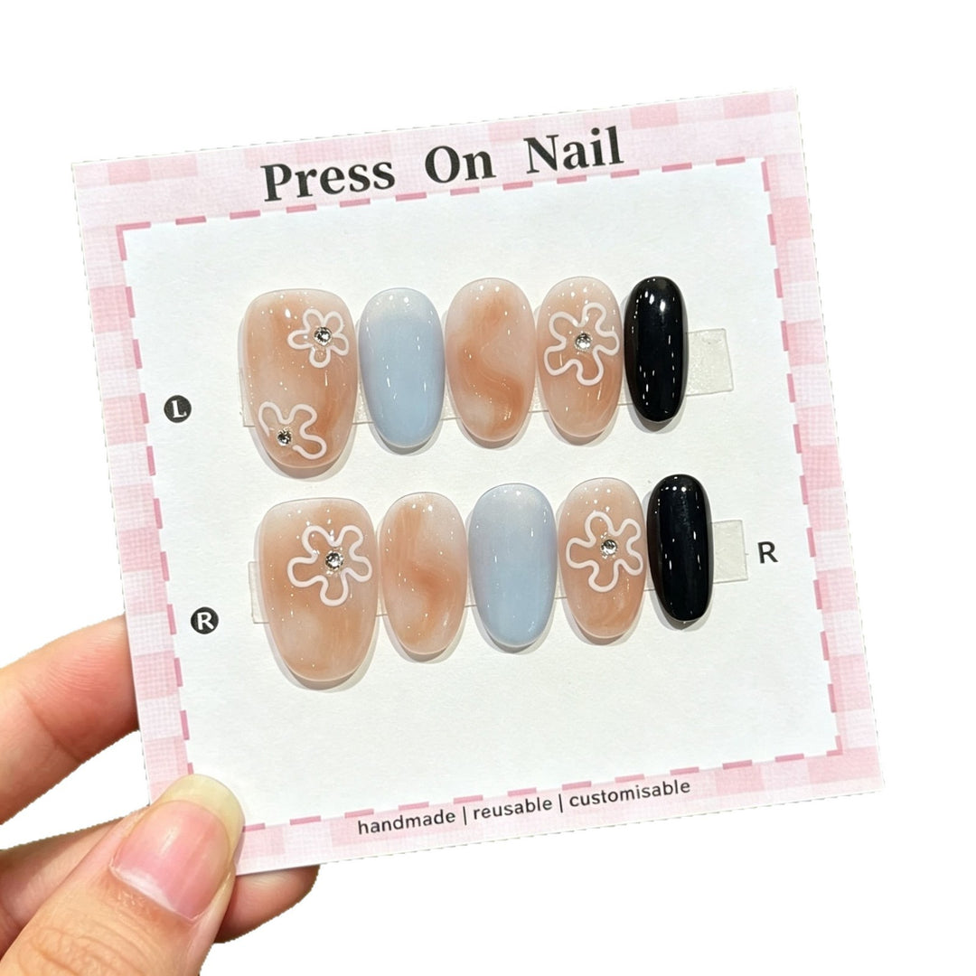 Artistic Press-On Nail Set with Floral Accents  1791773601